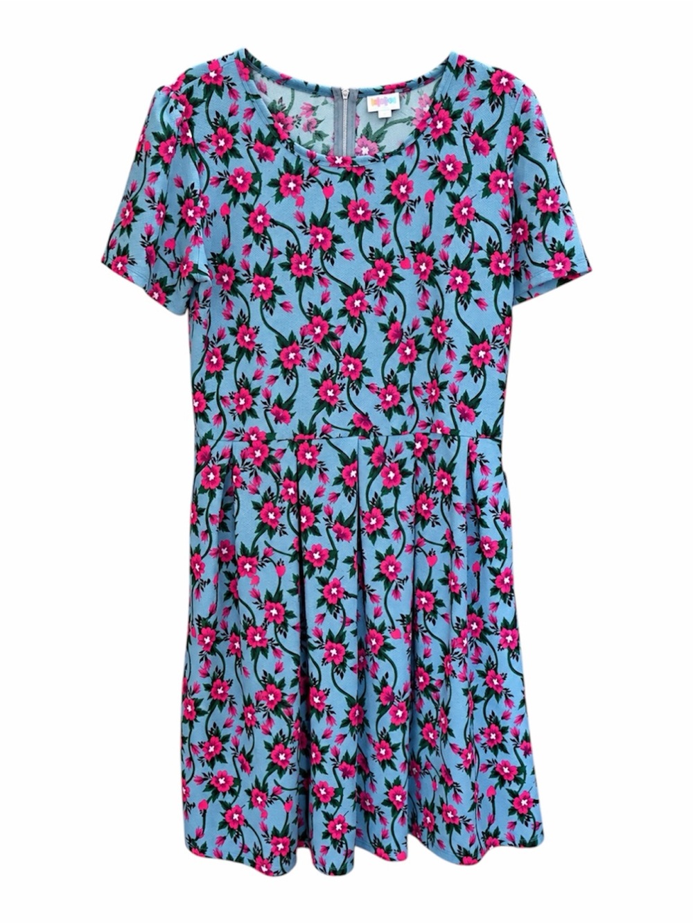 LuLaRoe | Amelia Light Blue Dress with Pink Floral Print